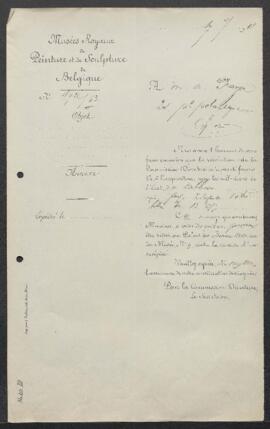 Dossier concernant un tableau de Joseph Stevens, Gessler, le chien du Mont Saint Bernard,offert e...