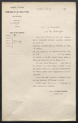 Dossier concernant un tableau de Snyders, offert en vente par Mr G. Dumontier (Bruxelles). — Sans...