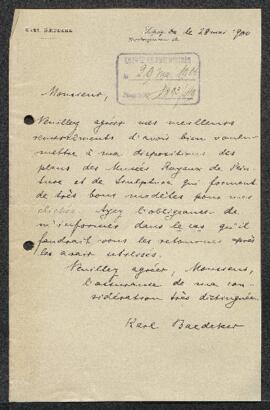 Dossier concernant une demande de plan du Musée pour l’insertion dans le guide de voyage Baedeker...