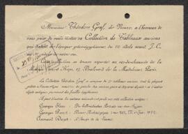 Carton d’invitation de Mr Théodore Graf (Vienne) à visiter à Paris l'exposition de sa collection ...