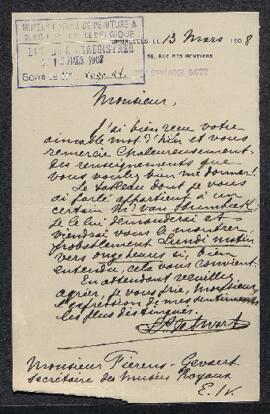 Lettre concernant un tableau appartenant à Mr van Humbeek présenté au Musée par Mr De Swart (Brux...