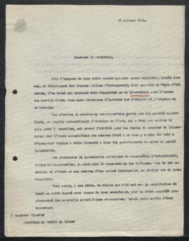Lettre à Plisnier, Président du Comité du Trésor, pour la création au sein du Musée d’un laborato...