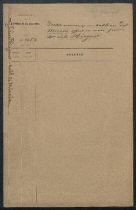 Dossier concernant un tableau de J[an] van Mieris, représentant une Partie de tric trac, offert e...