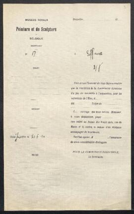 Dossier concernant un tableau, sujet non spécifié, signé Henri Verschuring, offert en vente par Joseph Goffaux (Bruxelles). — Offre refusée.