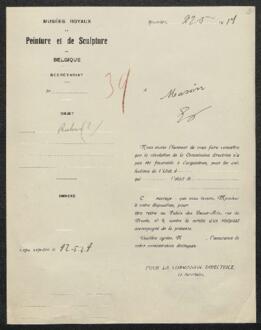 Dossier concernant un tableau de [Peter Paul] Rubens offert en vente par l’entremise de Fritz Masoin (Ixelles). — Offre refusée.