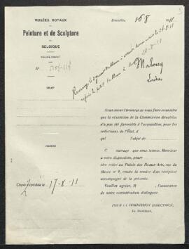 Dossier concernant trois tableaux, sujets non spécifiés, donnés à [Edouard] Agnessens appartenant...