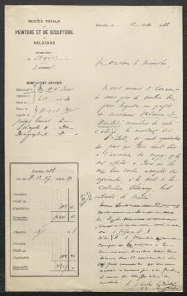 Dossier concernant la demande faite au ministre de pouvoir envoyer MM. Cardon, Verhaeren et A.I. Wauters comme délégués à la vente de la collection Chéramy devant avoir lieu à la Galerie Georges Petit à Paris du mardi 5 au jeudi 7 mai.