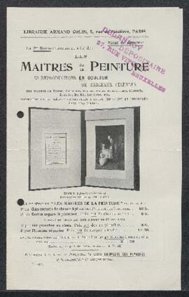 Lettre publicitaire concernant "Les Maîtres de la Peinture" envoyée par I. de Lannoy (B...