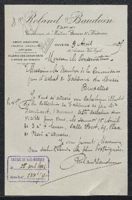 Lettre d’invitation à voir la collection Isenbaert à Anvers adressée par Roland Bauduin (Anvers).