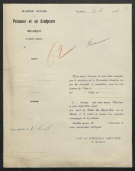Dossier concernant un tableau du XVIIe siècle appartenant à Mme Perremans, offert en vente par l’...