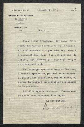 Lettre du Musée adressée à Mme veuve Vanden Eynde (Bruxelles) refusant les tableaux qu’elle a off...