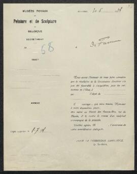Dossier concernant un tableau appartenant au baron de Favereau (Grand Han) offert en vente par l’...