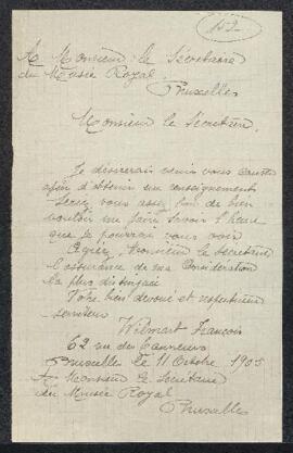 Lettre concernant une demande de rendez-vous de Mr François Wilmart (Bruxelles).