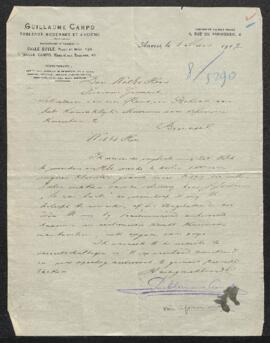 Lettre du marchand d’art Guillaume Campo (Anvers) par laquelle celui-ci signale que l’un de ses c...