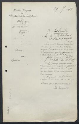 Dossier concernant une Confidence tableau attribué à Joseph van Lerius, offert en vente par Mr M. Vanhende (Bruxelles). — Offre refusée.