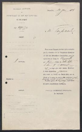 Dossier concernant une aquarelle donnée à W. Roelof, offerte en vente par Mr Van Baarle (Bruxelle...