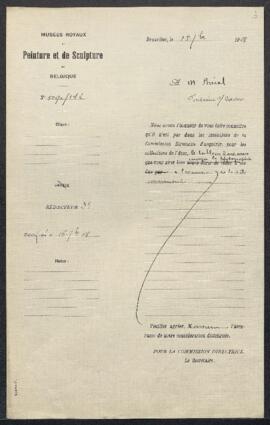 Dossier concernant un tableau, sujet non spécifié, donné [Jacob] Jordaens, offert en vente par Mr Bréval (France, Fontaine-sur-Saône). — Offre refusée.