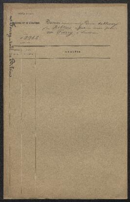 Dossier concernant deux tableaux du maître hollandais [Jacobus ?] Biltius, l’un représentant une Nature morte avec lièvre, perdrix et filets de chasse et l’autre une Nature morte avec oie et oiseaux, offerts en vente par Mr Farcy (Laeken). — Sans suite apparente.
