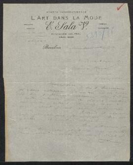 Lettre de Mr E. Sala (Espagne, Barcelone) par laquelle celui-ci offre en vente un tableau du Titi...