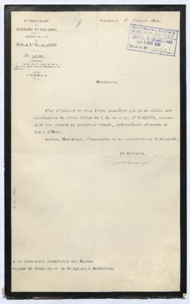 Dossier concernant une ou deux oeuvres de Gustave Crauk offertes en don par Mme veuve Gustave Cra...