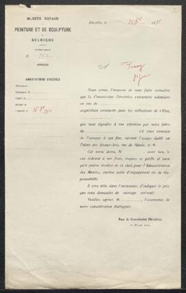 Dossier concernant deux tableaux offerts en vente par Ernest Frenay (Saint-Josse-ten-Noode), à sa...