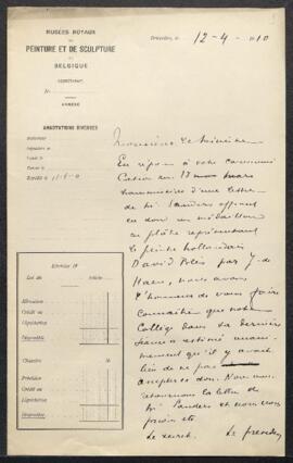Dossier concernant un médaillon en plâtre représentant le peintre hollandais David Bles réalisé p...