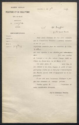Dossier concernant un tableau attribué à J[ean] B[aptiste] Huysmans, offert en vente par Julien H...