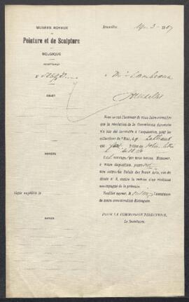 Dossier concernant un Intérieur de cabaret tableau attribué à Mattheus van Helmont et un Vase avec des fleurs et des fruits tableau attribué à Pieter Casteels, offerts en vente par Mr A. Lambeaux (Bruxelles). — Offre refusée.