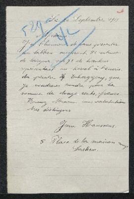 Lettre de Jean Hanssens (Laeken) par laquelle celui-ci offre en vente un tableau de [Charles ?] T...