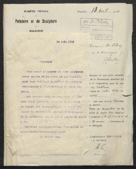 Dossier concernant un tableau de Block, signé, offert en vente par Mr F. de Blocq (Mont-sur-March...
