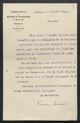 Dossier concernant deux aquarelles par [prénom ?] Simoneau, offertes en vente par Mr G. van Cromb...