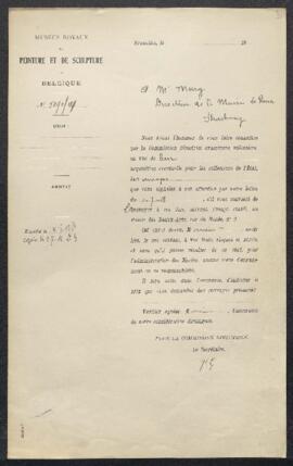 Dossier concernant la reproduction en galvanoplastie bronzée de La Vierge et l’Enfant de Michel-Ange de l’église Notre Dame de Bruges réalisée par Mr Alker ? et une Sainte Madeleine, tableau donné au Corrège, offerts en vente par Mr P. Mury, directeur de la Maison F. X. Le Roux (France, Strasbourg). — Sans suite.