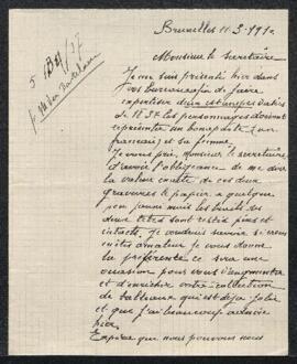 Lettre de Ernest Degrève (Bruxelles) offrant en vente deux estampes datées de 1837 qui représente...