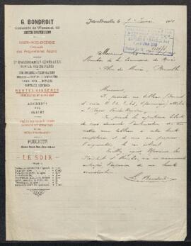 Lettre de Mr G. Bondroit (Bruxelles) offrant en vente un tableau représentant Une descente de Cro...