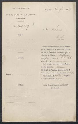 Dossier concernant un tableau de Crespin [prénom ?], offert en vente par Mr Ernest Méaux (Bruxell...