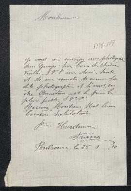 Lettre concernant une œuvre sur bois de chêne, offerte en vente par Franz Hardenns (Poudrome ?). ...