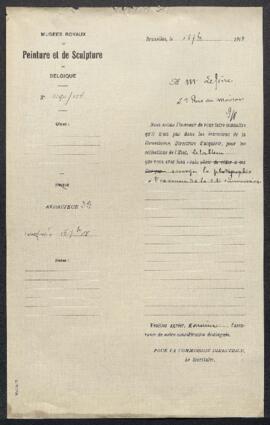Lettre du Musée refusant le tableau offert en vente par Mr Lefèvre (Bruxelles).