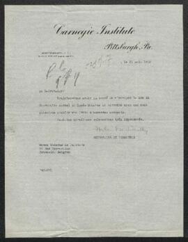 Lettre par laquelle le Carnegie Institute de Pittsburgh demande le nom du secrétaire du Musée mod...
