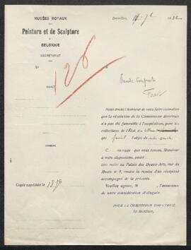 Lettre concernant une œuvre (sujet et artiste non spécifiés), offerte en vente par Mr Vande Conpu...