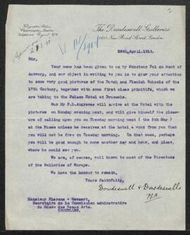 Lettre du marchand de tableaux Dowdeswell & Dowdeswell (Grande-Bretagne, Londres) annonçant à...