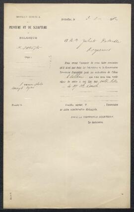 Dossier concernant un tableau, offert en vente par l'entremise de Mlle Juliette Demesse (Arquenne...
