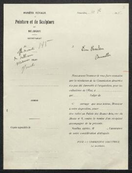 Dossier concernant plusieurs tableaux anciens et modernes, de Moucheron, Vermeulen, etc., offerts...