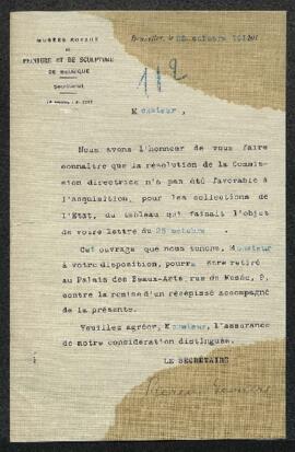 Dossier concernant un tableau offert en vente par Jules Watelet (Bruxelles). — Offre refusée.