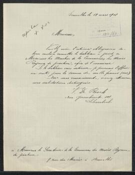 Lettre concernant un tableau, (auteur et sujet non spécifiés), remis à la Commission par Mr V. De...