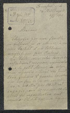 Lettre concernant une Scène mythologique représentant Vénus, tableau de Peter Paul Rubens, offert...