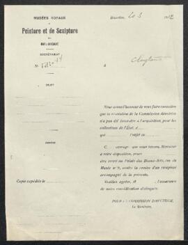 Dossier concernant un tableau, (sujet non spécifié), de l'école italienne du XVIIe siècle, offert en vente par Mr Jean Cluytens (Ixelles). — Offre refusée.