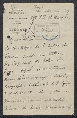 Lettre concernant un tableau attribué à Colijn de Coter, sujet non précisé, offert en vente par l...