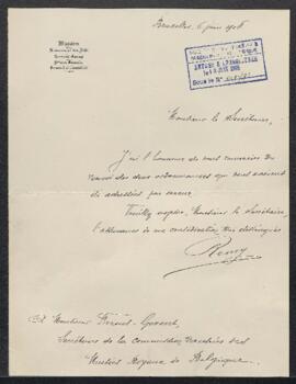 Lettre du ministère des Sciences et des Arts remerciant pour le renvoi de deux ordonnances adress...
