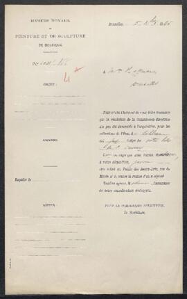 Dossier concernant un tableau non spécifié, offert en vente par Mme Hoffmann (Bruxelles). — Offre...