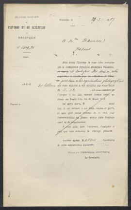 Dossier concernant divers tableaux et gravures offerts en vente par Mme Daumiere (Waremme). — San...